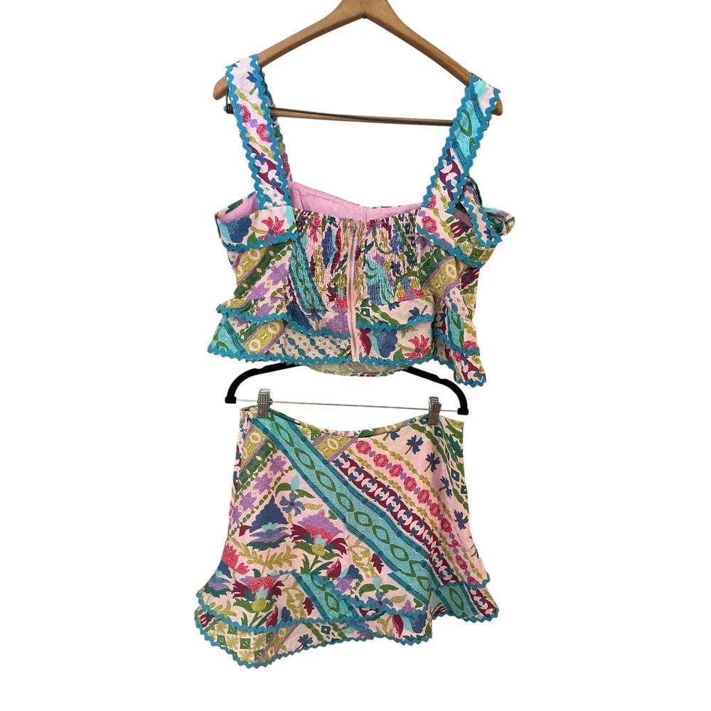 HerringStones Floral Patchwork 2 Piece Set Pink Blue Rickrack Ruffle‎ Skirt L